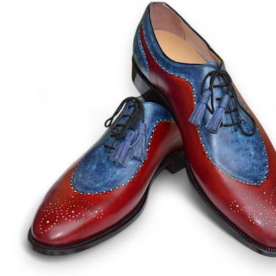 Crafted leather bespoke handmade classic blue patina and red calf unique oxford style lace up dress wedding shoes - Thumbnail 1