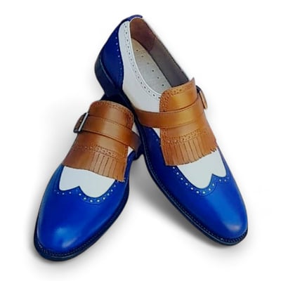 Crafted leather handmade men blue white fringes monk strap loafers wingtip dress shoes  - Thumbnail 1