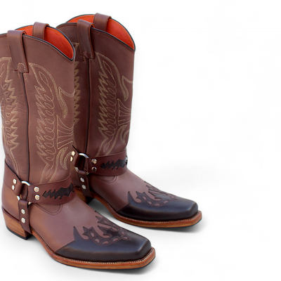 Crafted leather new handmade men's buckle caved cowboy boots
