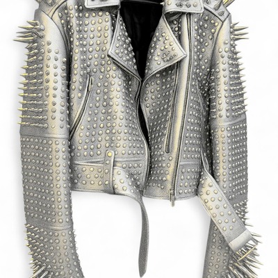 Crafted leather new classic awesome handmade women's silver leather studded brando metal spiked leather round studs jacket