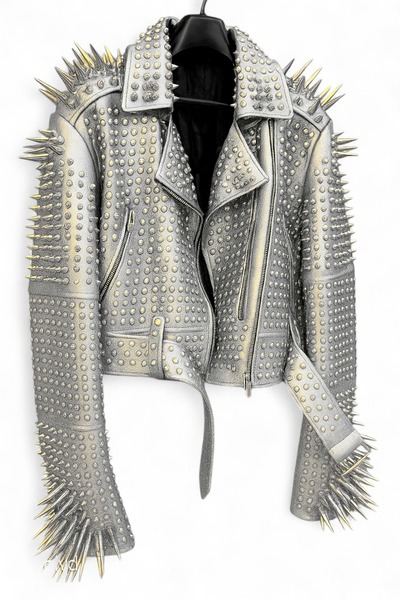 Crafted Leather New Classic Awesome Handmade Women's Silver Leather Studded Brando Metal Spiked Leather Round Studs Jacket