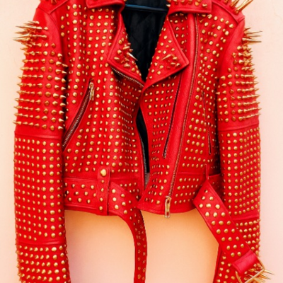 Crafted leather new classic awesome handmade women's red studded brando metal spiked leather round studs jacket