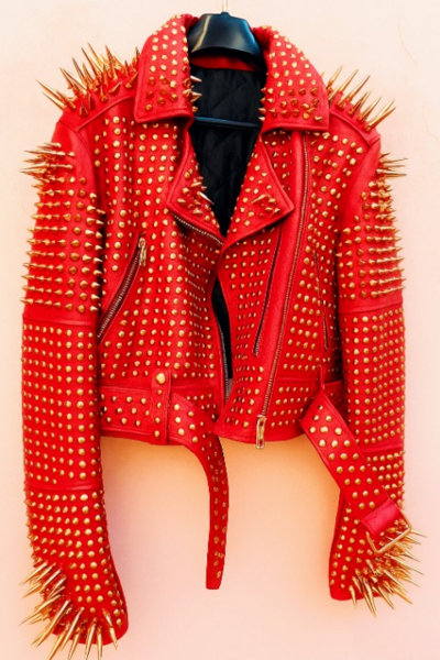 Crafted Leather New Classic Awesome Handmade Women's Red Studded Brando Metal Spiked Leather Round Studs Jacket