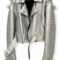 Crafted Leather New Classic Awesome Handmade Women's Silver Leather Studded Brando Metal Spiked Leather Round Studs Jacket - Thumbnail 1