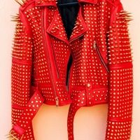 Crafted Leather New Classic Awesome Handmade Women's Red Studded Brando Metal Spiked Leather Round Studs Jacket - Thumbnail 1