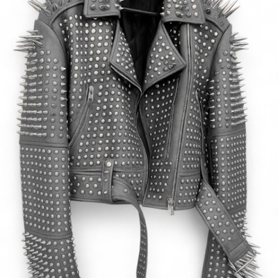 Crafted leather new classic awesome handmade women's gray leather studded brando metal spiked leather round studs jacket