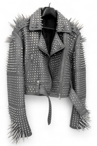 Crafted Leather New Classic Awesome Handmade Women's Gray Leather Studded Brando Metal Spiked Leather Round Studs Jacket