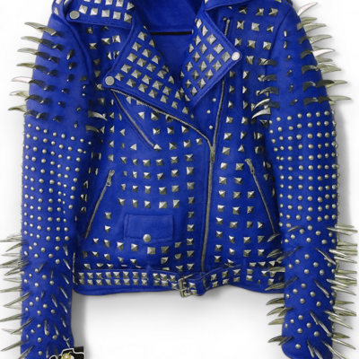 Crafted leather new handmade women's punk full long spiked studded brando blue adorable leather jacket