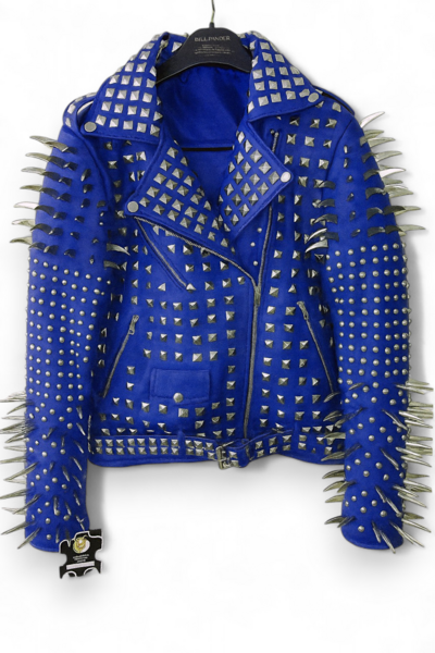 Crafted Leather New Handmade Women's Punk Full Long Spiked Studded Brando Blue Adorable Leather Jacket