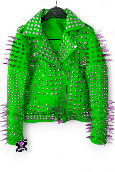 Crafted Leather New Handmade Women's Punk Full Long Spiked Studded Brando e Green Leather Jacket