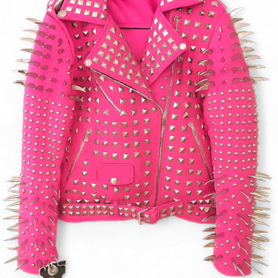 Crafted leather new handmade women's punk full long spiked studded brando pink leather jacket