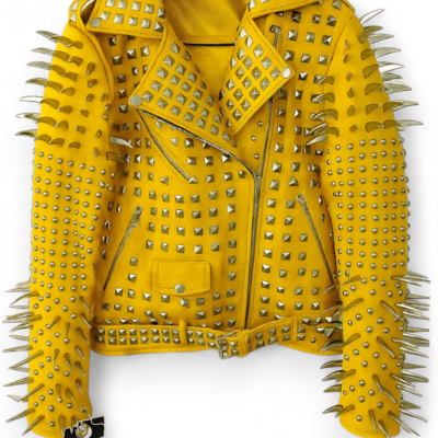 Crafted leather new handmade women's punk full long spiked studded brando yellow adorable leather jacket