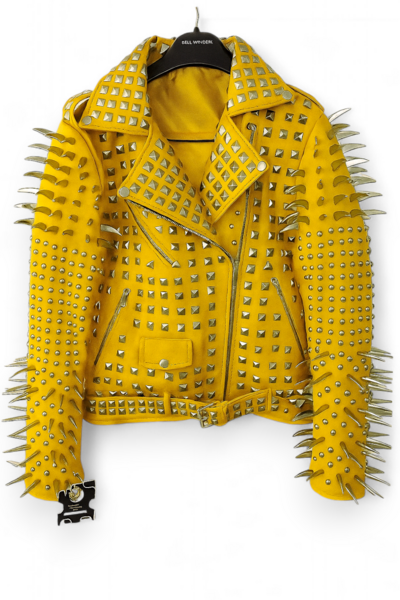 Crafted Leather New Handmade Women's Punk Full Long Spiked Studded Brando Yellow Adorable Leather Jacket