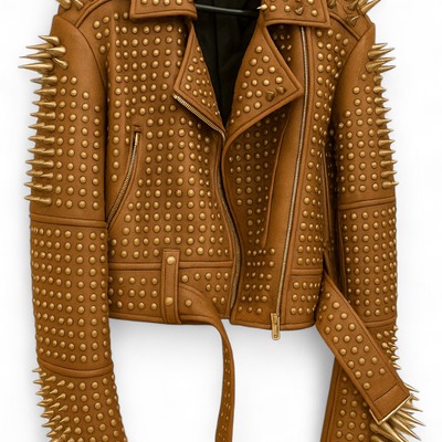 Crafted leather new classic awesome women's coffee color studded brando metal spiked leather round studs jacket
