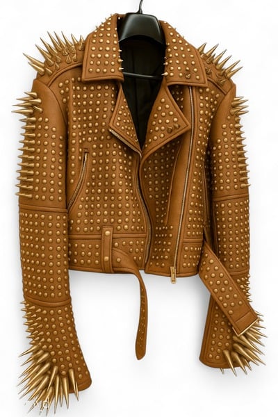 Crafted Leather New Classic Awesome Women's Coffee Color Studded Brando Metal Spiked Leather Round Studs Jacket