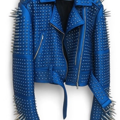Crafted leather new classic awesome handmade women's sapphire color studded brando metal spiked leather round studs jacket - Thumbnail 2
