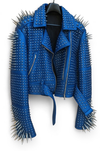 Crafted Leather New Classic Awesome Handmade Women's Sapphire Color Studded Brando Metal Spiked Leather Round Studs Jacket