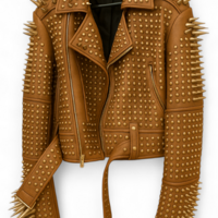 Crafted Leather New Classic Awesome Women's Coffee Color Studded Brando Metal Spiked Leather Round Studs Jacket - Thumbnail 1