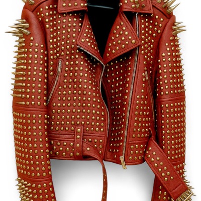Crafted leather new classic awesome handmade women's maroon studded brando metal spiked leather round studs jacket
