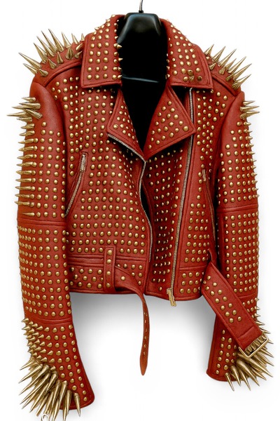 Crafted Leather New Classic Awesome Handmade Women's Maroon Studded Brando Metal Spiked Leather Round Studs Jacket