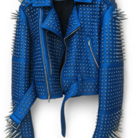 Crafted Leather New Classic Awesome Handmade Women's Sapphire Color Studded Brando Metal Spiked Leather Round Studs Jacket - Thumbnail 1