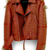 Crafted Leather New Classic Awesome Handmade Women's Maroon Studded Brando Metal Spiked Leather Round Studs Jacket - Thumbnail 1