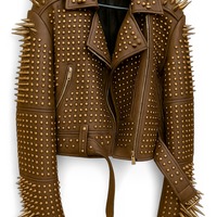 Crafted Leather New Classic Awesome Handmade Women's Chocolate Color Leather Studded Brando Metal Spiked Leather Round Studs Jacket - Thumbnail 2