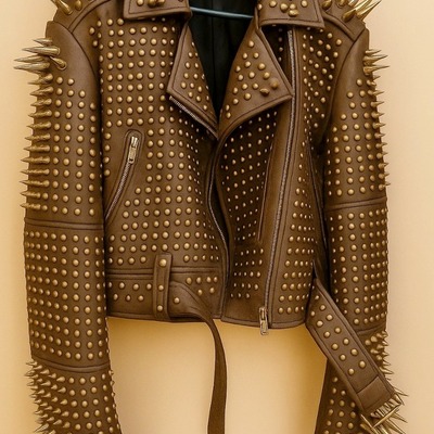 Crafted leather new classic awesome handmade women's chocolate color leather studded brando metal spiked leather round studs jacket