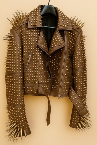 Crafted Leather New Classic Awesome Handmade Women's Chocolate Color Leather Studded Brando Metal Spiked Leather Round Studs Jacket
