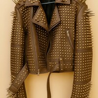 Crafted Leather New Classic Awesome Handmade Women's Chocolate Color Leather Studded Brando Metal Spiked Leather Round Studs Jacket - Thumbnail 1