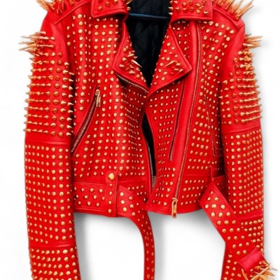 Crafted leather new classic awesome handmade women's red studded brando metal spiked leather round studs jacket