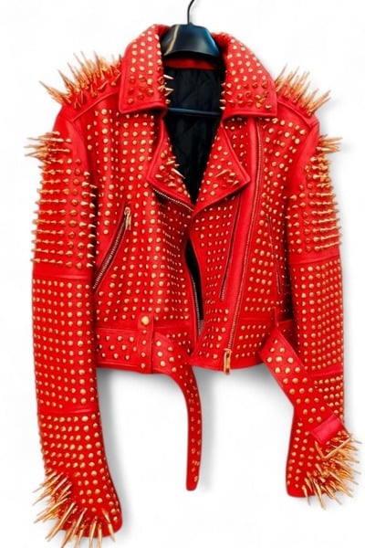 Crafted Leather New Classic Awesome Handmade Women's Red Studded Brando Metal Spiked Leather Round Studs Jacket
