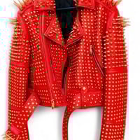 Crafted Leather New Classic Awesome Handmade Women's Red Studded Brando Metal Spiked Leather Round Studs Jacket - Thumbnail 1
