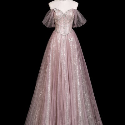 Pink tulle off the shoulder long a-line prom party dress with rhinestones