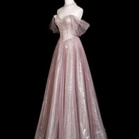 Pink Tulle Off the Shoulder Long A-Line Prom Party Dress with Rhinestones - Thumbnail 1