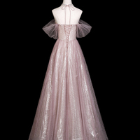 Pink Tulle Off the Shoulder Long A-Line Prom Party Dress with Rhinestones - Thumbnail 2