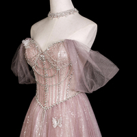 Pink Tulle Off the Shoulder Long A-Line Prom Party Dress with Rhinestones - Thumbnail 3