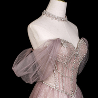 Pink Tulle Off the Shoulder Long A-Line Prom Party Dress with Rhinestones - Thumbnail 4