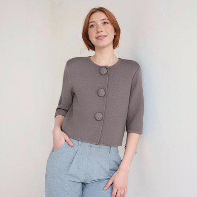 Crew neck covered button knitted jacket