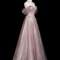 Pink Tulle Off the Shoulder Long A-Line Prom Party Dress with Rhinestones - Thumbnail 5