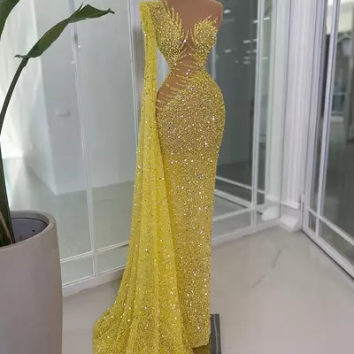 Gold prom dresses for black women evening dresses illusion mermaid promdress beaded lace one shoulder sequined lace pearls second dress