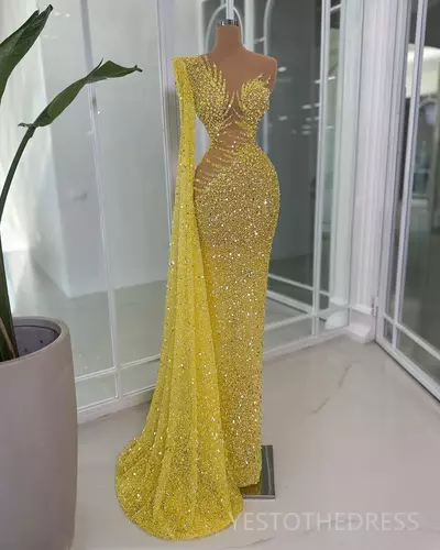 Gold Prom Dresses for Black Women Evening Dresses Illusion Mermaid Promdress Beaded Lace One Shoulder Sequined Lace Pearls Second Dress