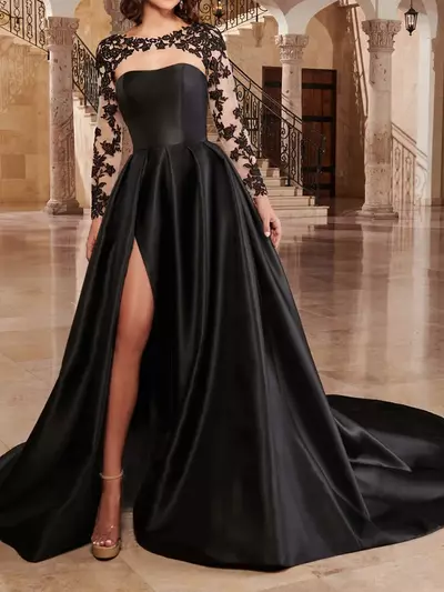 Evening Dress Sweetheart Backless Sheer Tulle with Applique Long Sleeves Bolero Prom Gowns Sexy Side Split