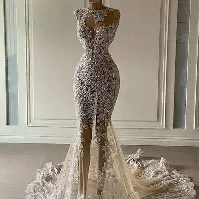Crystal mermaid wedding dresses see through lace appliqued bridal gowns luxurious sequined dubai wedding dress customise