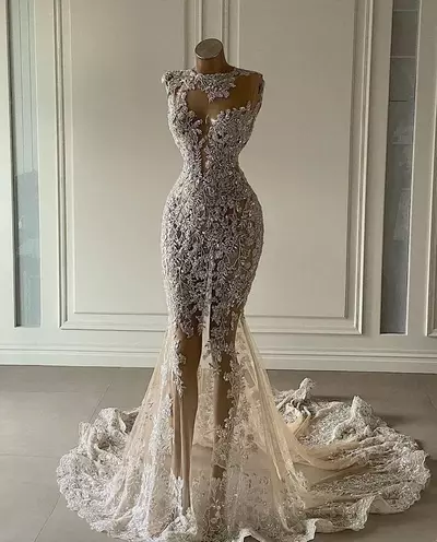 Crystal Mermaid Wedding Dresses See Through Lace Appliqued Bridal Gowns Luxurious Sequined Dubai Wedding Dress Customise