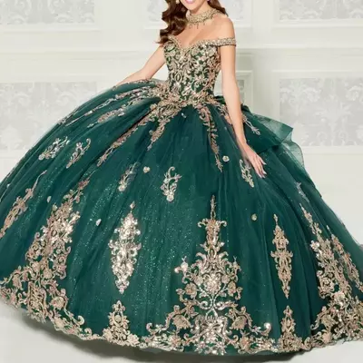 Emerald . green quinceanera dresses off shoulder ball gown corset birthday party dress gold applique beads vestidos de 15
