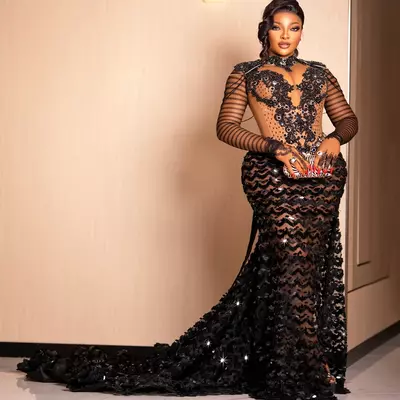 Black illuion mermaid prom dre beaded crytal sequined lace evening formal party second reception birthday engagement gown dress