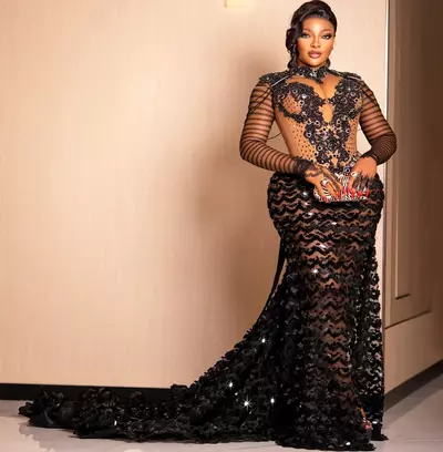 Black Illuion Mermaid Prom Dre Beaded Crytal Sequined Lace Evening Formal Party Second Reception Birthday Engagement Gown Dress