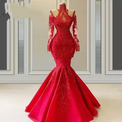 Red luxurious lace dresses evening wear women mermaid prom dress illusion long sleeve high collar beaded pageant mother of the bride party