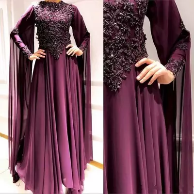 Modest arabic muslim grape 3d floral appliques evening dresses beaded long sleeves prom dress a-line formal party bridesmaid pageant gowns